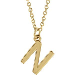 14k Yellow Gold 9.5mm Small Block Initial N Necklace, 18 Inch